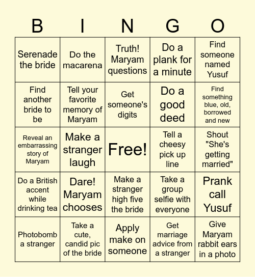 Maryam's Bachelorette Bingo Card