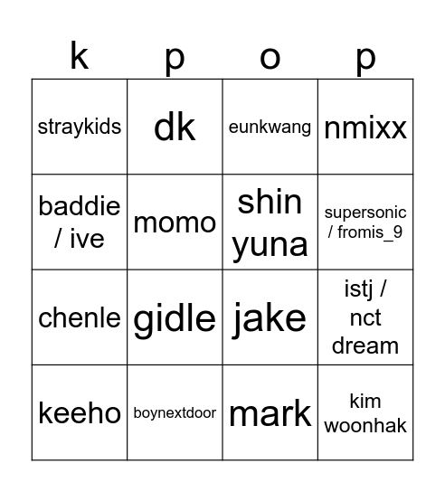 kpop bingo Card
