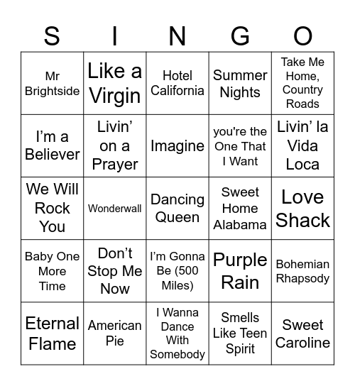 Singalong Bingo Card
