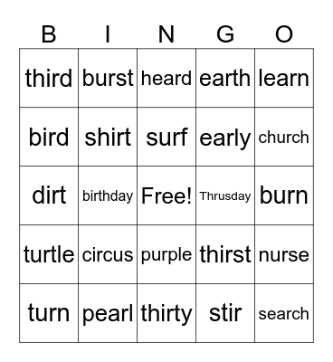 EAR/ER/IR Bingo Card