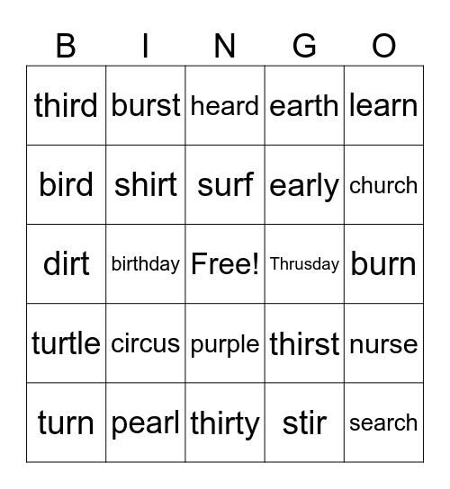 EAR/ER/IR Bingo Card