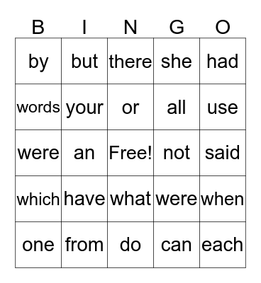 Second 25 Sight Words Bingo Card