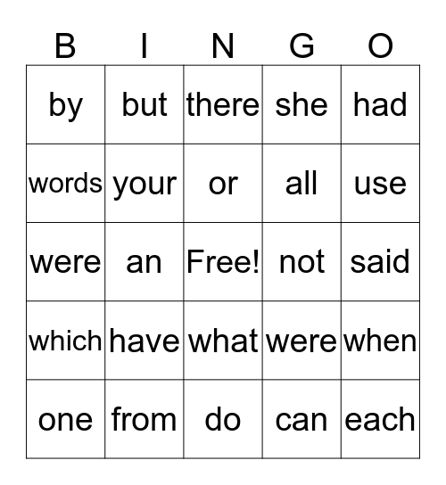 Second 25 Sight Words Bingo Card