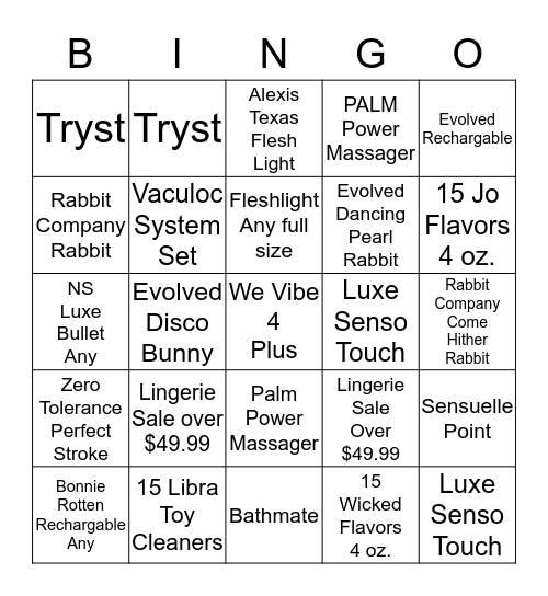 Adult Mart Bingo Card