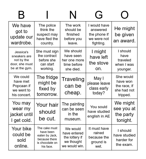 Modals Bingo Card