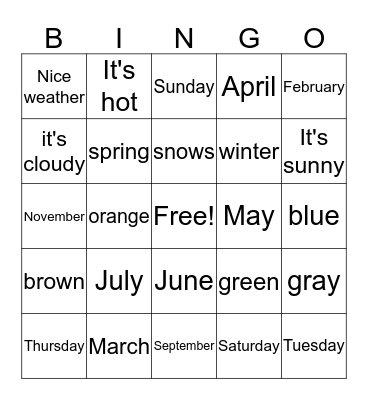 Spanish 1 days of the week, months, weather expressions and colors Bingo Card