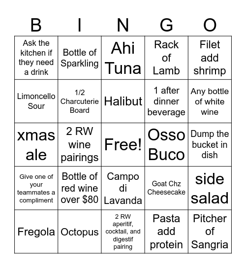 TLG Restaurant Week BINGO Card