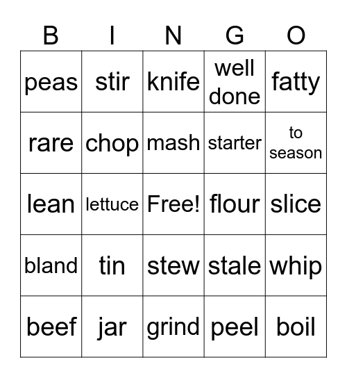 FOOD -8 Bingo Card