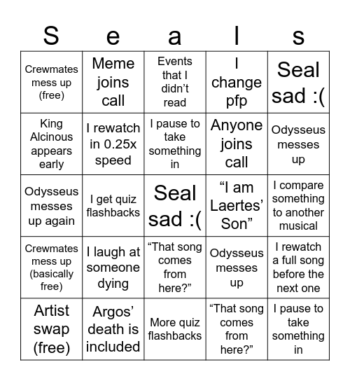 Epic the Musical Bingo Card