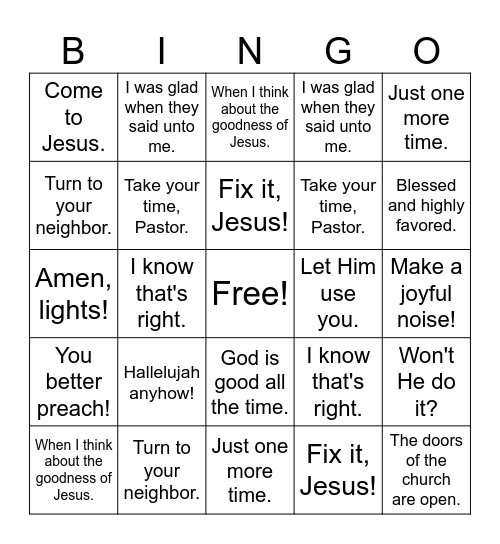 Common Church Phrases Bingo Card