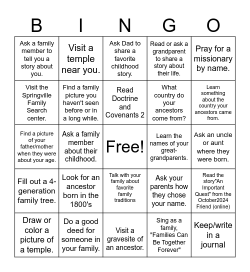 Family History Bingo Card