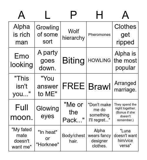 Alpha Wolf Bingo Card