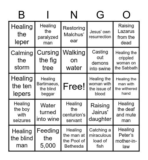 Miracles of Jesus Bingo Card