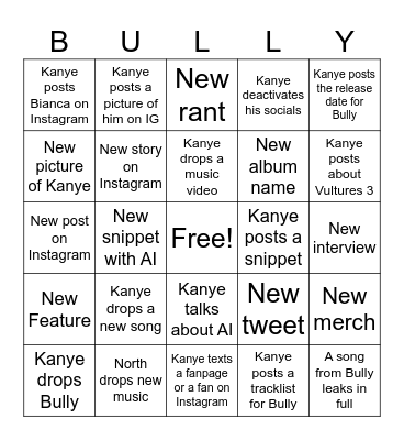 Kanye January 2025 Bingo Card