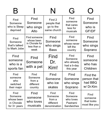 Choir Bingo Card