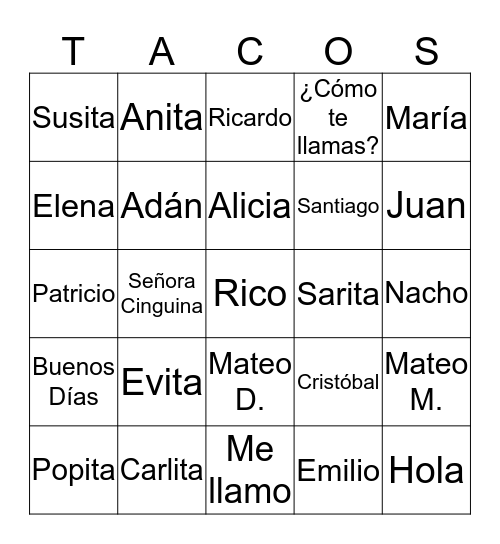TACOS Bingo Card