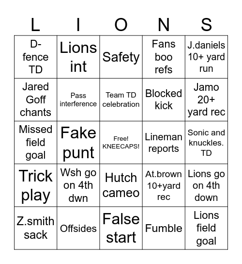 Detroit lions nfc Bingo Card