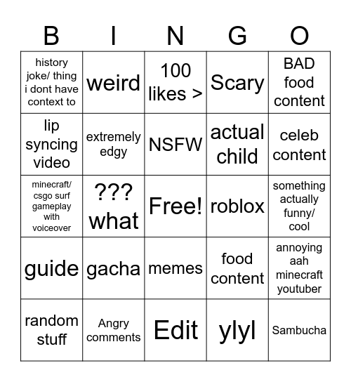 youtube shorts bingo Card
