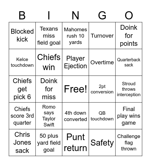 Chiefs/Texans Bingo Card