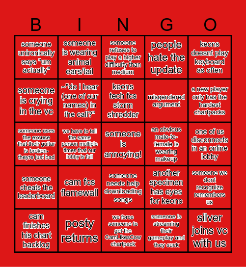 clone hero cringe 2025 bingo Card
