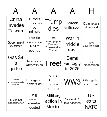 Trump 2nd Term Bingo Card