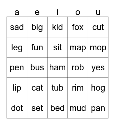 Short Vowels! Bingo Card