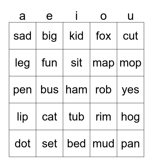 Short Vowels! Bingo Card