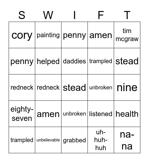 Words (Taylor's Version) (Debut Edition) Bingo Card