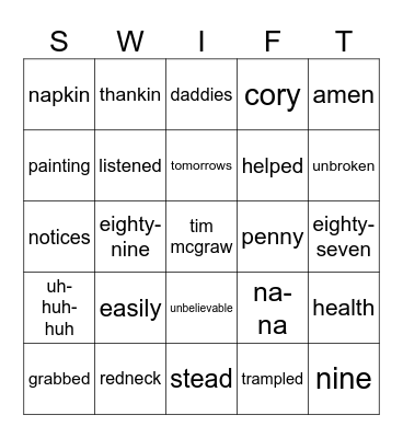 Words (Taylor's Version) (Debut Edition) Bingo Card