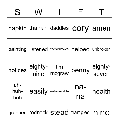 Words (Taylor's Version) (Debut Edition) Bingo Card