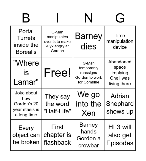 My Half-Life 3 Bingo card Bingo Card