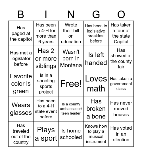 4-H Citizenship Bingo Card