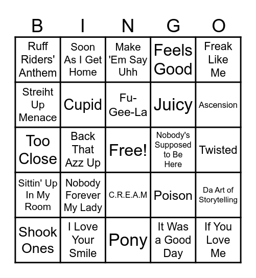 90's R&B and HipHop Bingo Card