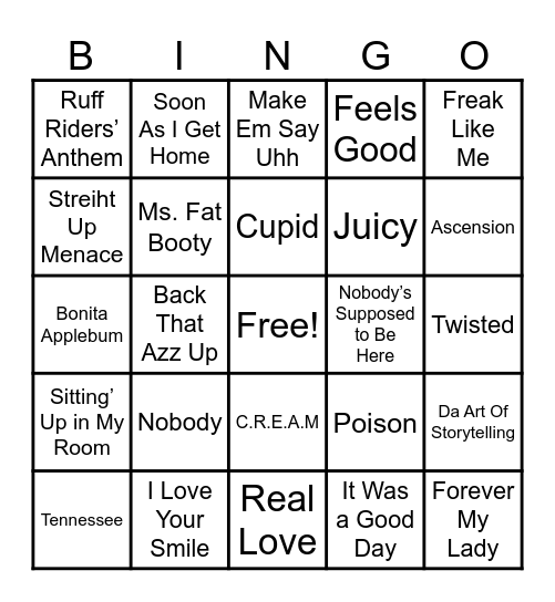 90’s R&B and HipHop Bingo Card