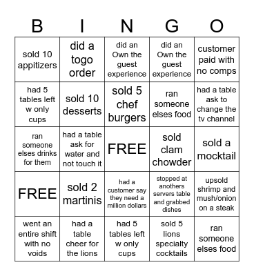 Saturday night server bingo Card