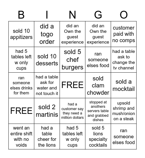 Saturday night server bingo Card