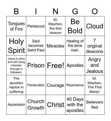 A Walk Through Acts Bingo Review Lessons 1-7 Bingo Card