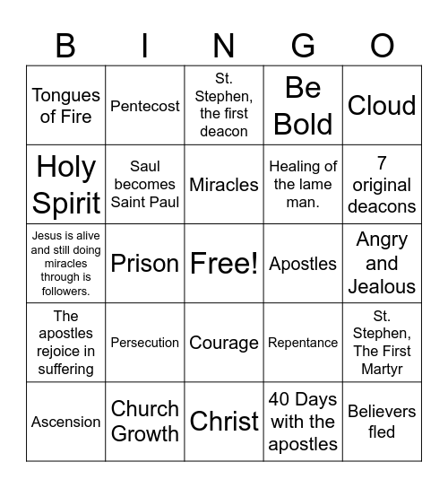 A Walk Through Acts Bingo Review Lessons 1-7 Bingo Card