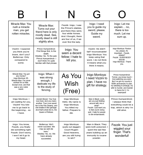 Princess Bride Virtue Spot Bingo Card