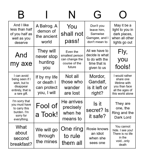 Lord of the Rings: Fellowship of the Ring Bingo Card