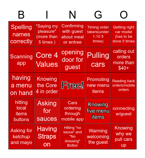 Chick fil a Bingo Card