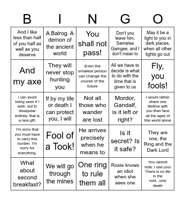 Lord of the Rings: Fellowship of the Ring Bingo Card