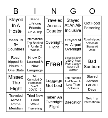 American Traveler Bingo Card