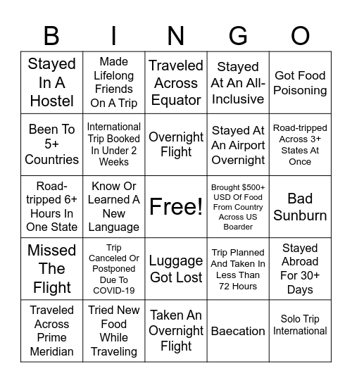 American Traveler Bingo Card