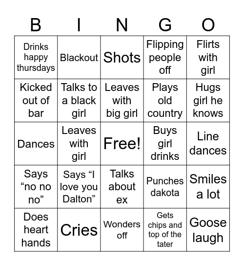 Kendall’s night out Bingo Card