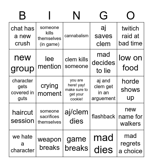 TWD TELLTALE MADJAD STREAM BINGO CARD GO CRAZY AND STUIPD AHHH Bingo Card