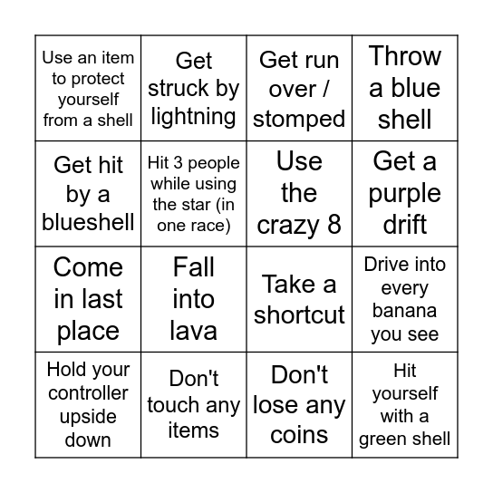 Mario Kart Bingo Card