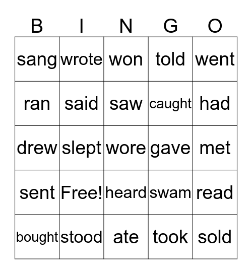Past Simple Tense Bingo Card