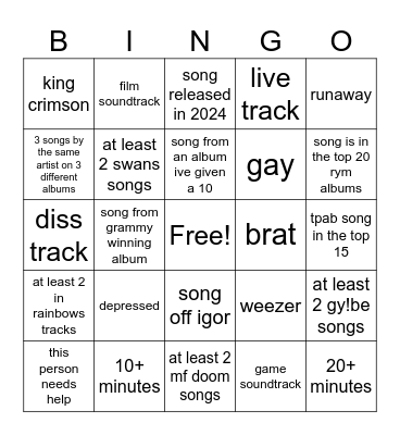 top songs bingo Card