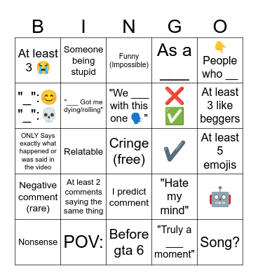 YouTube Shorts Comments Bingo Card